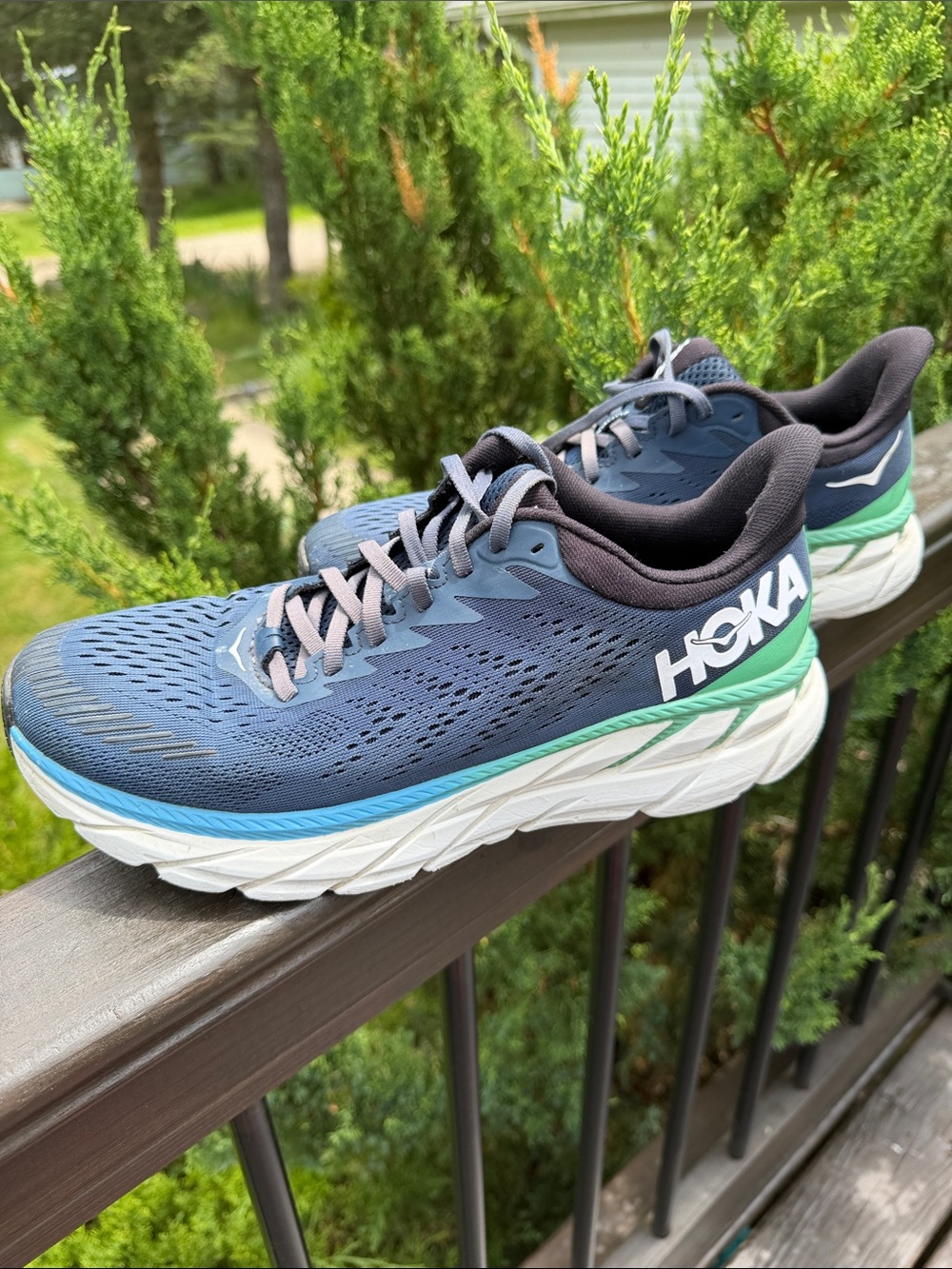 Hoka Men's Navy Blue Running Shoes with Mint and Gray Accents